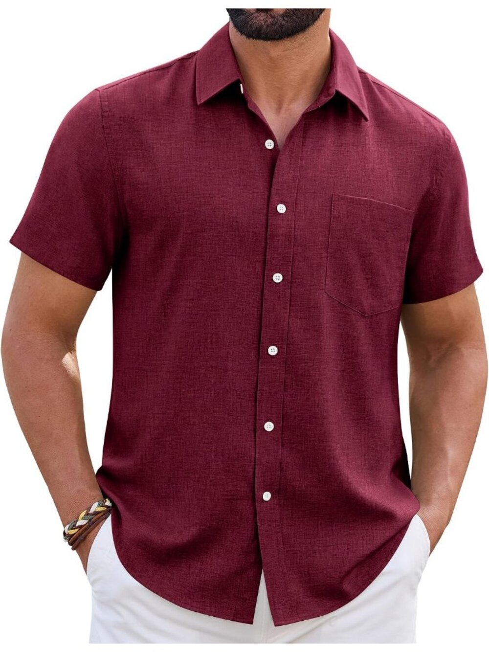Men's Short Sleeve Linen Burgundy Wrinkle Free Casual Beach Button Down Shirt